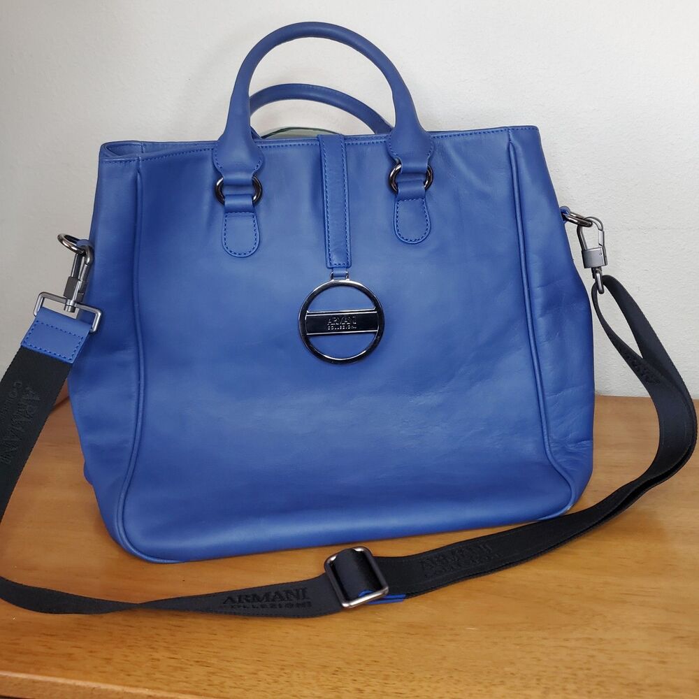 ARMANI COLLEZIONI Blue Calf Leather Tote Shoulder Bag Cross Body Work Travel